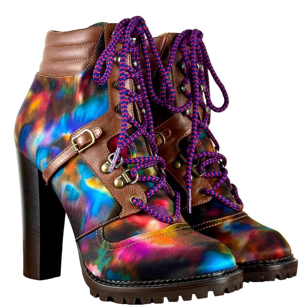 Erdem Nicholas Kirkwood Women 38 Ankle Boots Rainbow Silk Brown Leather 4.5 Heel